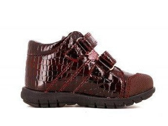 girl's maroon ankle boots with 2 velcro straps in a maroon crocodile embossed patent leather