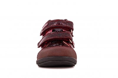 front view of girl's maroon ankle boots with 2 velcro straps in a maroon crocodile embossed patent leather