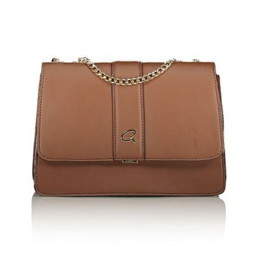 Brown shoulder bag with chain straps front view