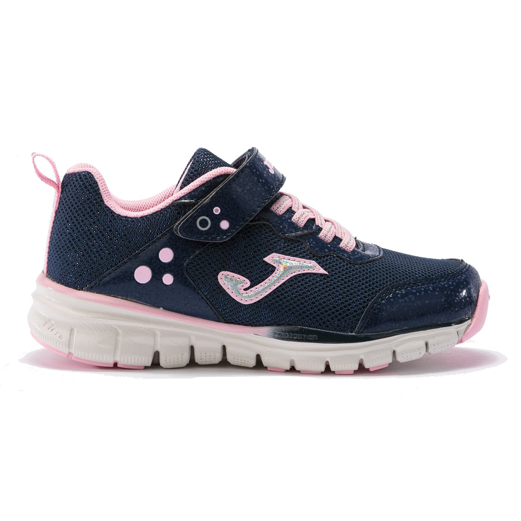 Navy sparkly trainers with velcro strap and bungee lace snd pink detailing, with metallic "J" Joma logo