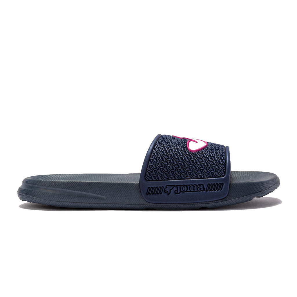 Navy slider sandal with Joma "J" logo in white with pink outline