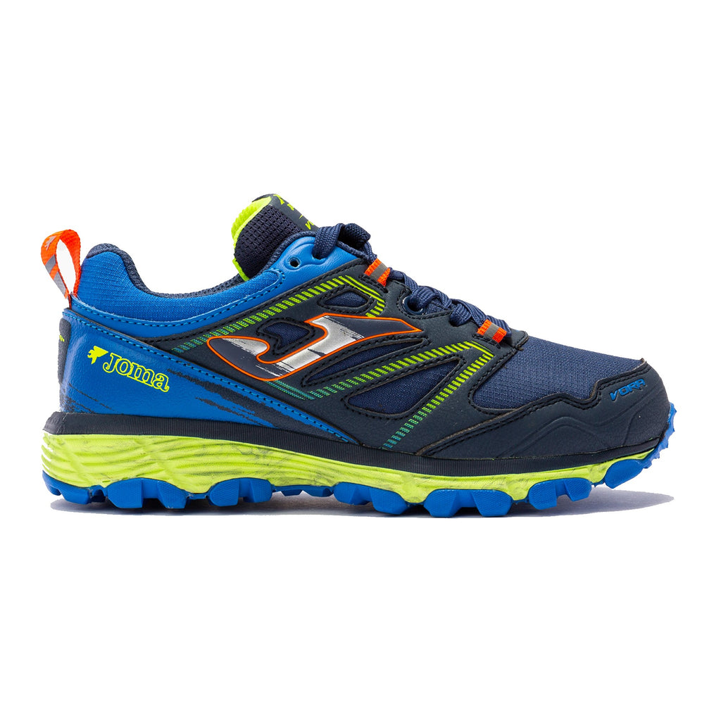 Navy blue laced trainers with blue, green, and orange detailing and a thick neon green sole with blue base. Joma name branding at heel and "J" logo on side