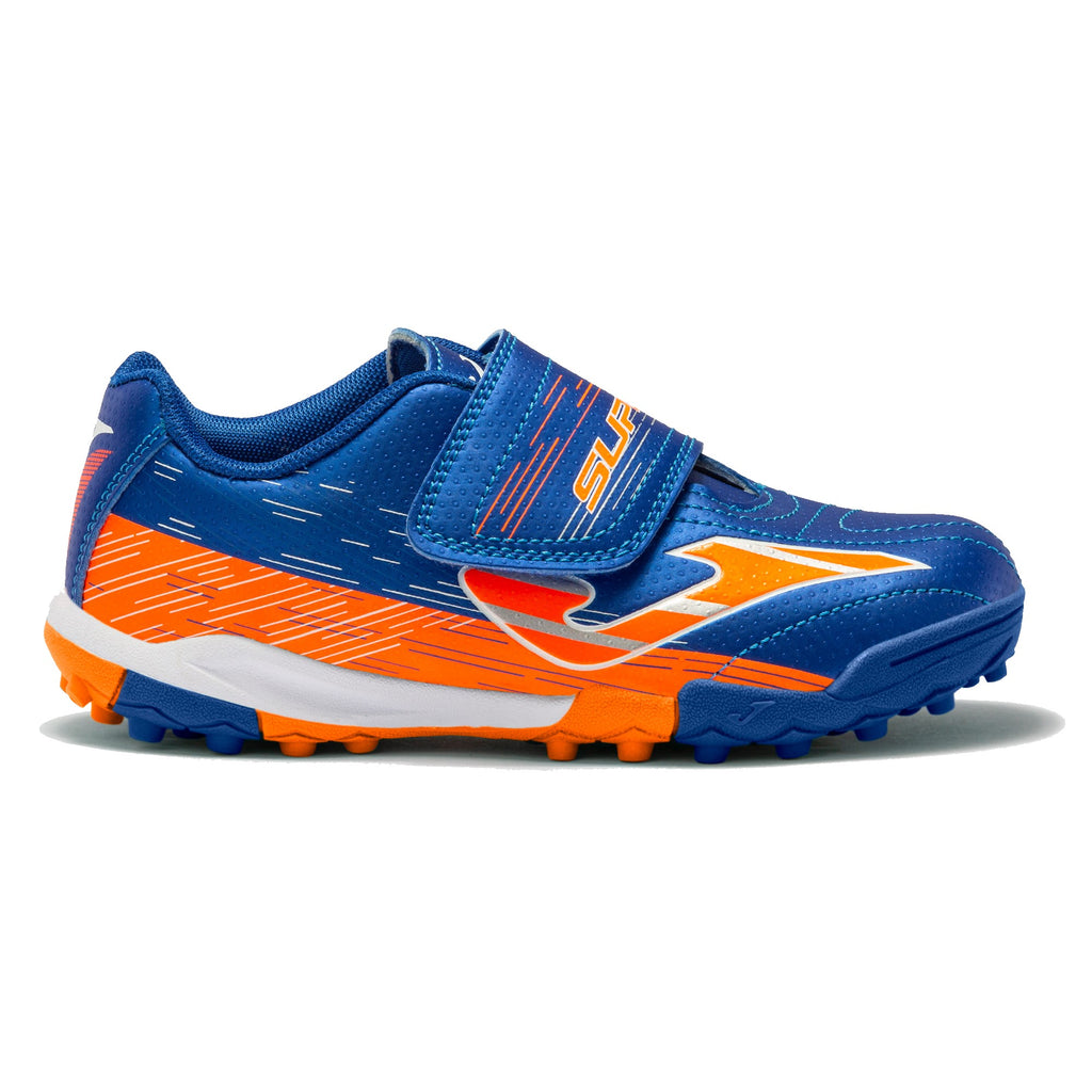 Blue velcro strap football boot style runners with orange details and orange "J"