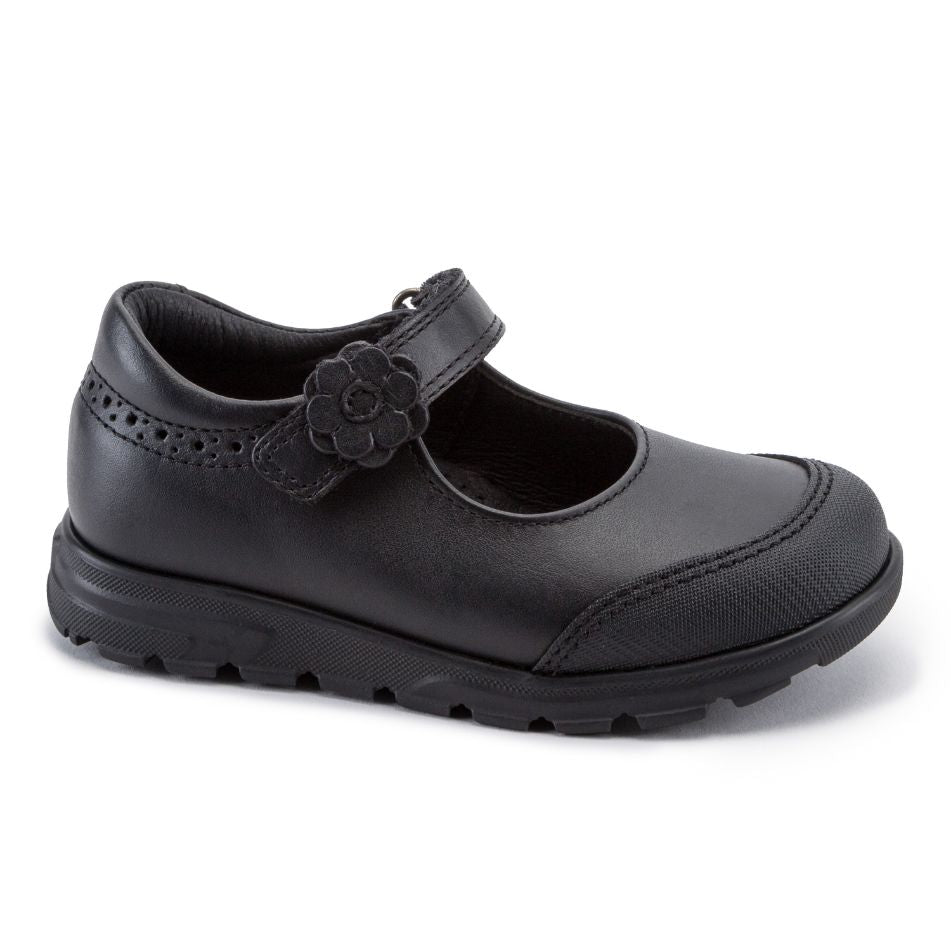 Pablosky Black Leather Girls School Shoes with Flower Detail
