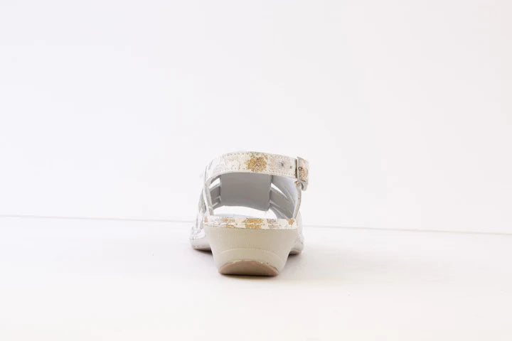 Suave Elle Leather White Metallic Floral Design Sandals