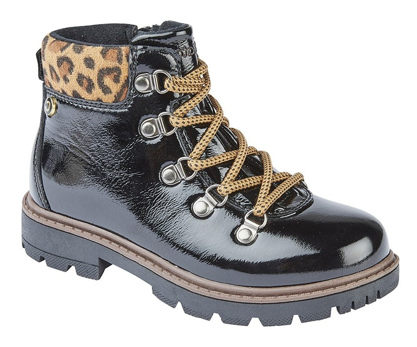 black patent hiking inspired boots with cheetah print ankle cuff