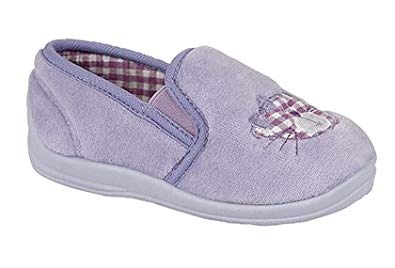 Purple slip on girls slippers with a cute cat detail