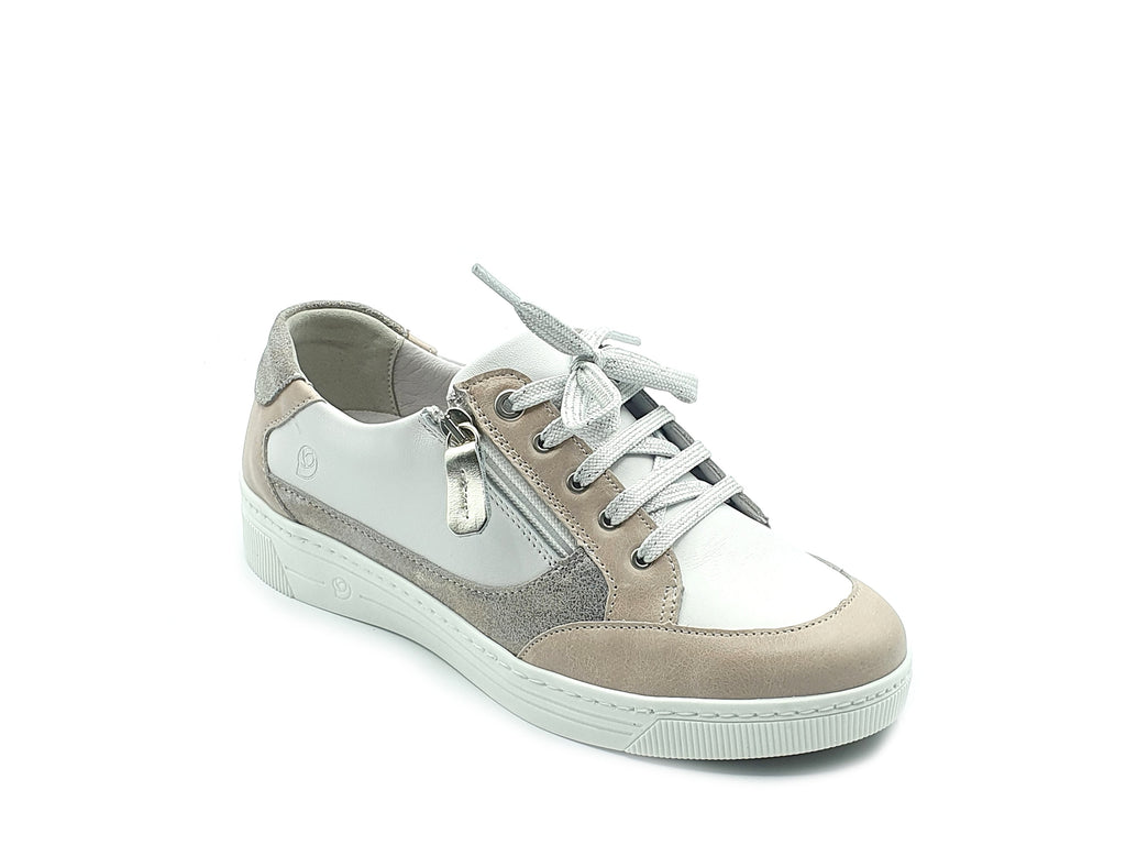 Beige, White and Silver Leather Suave Joy Trainers