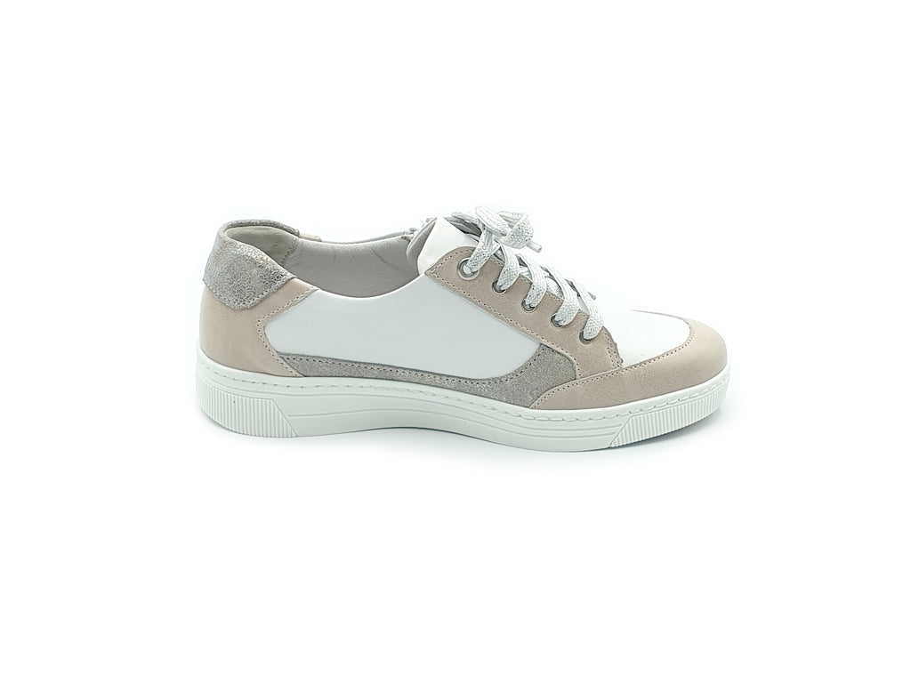 Beige, White and Silver Leather Suave Joy Trainers