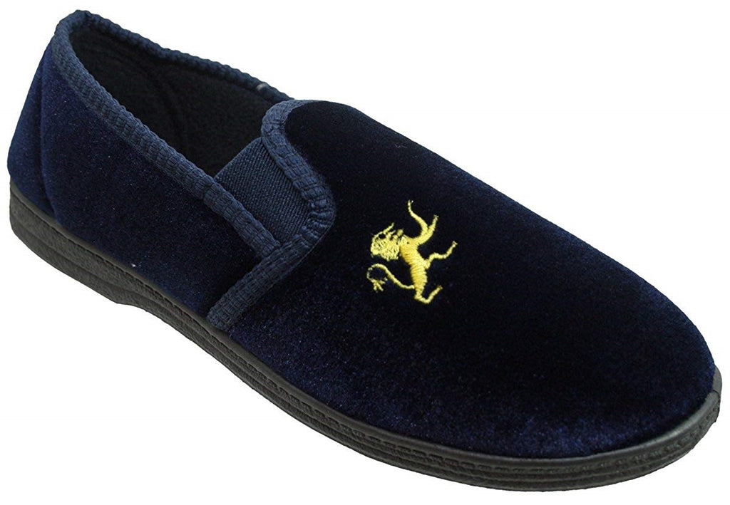 Navy velour slip on slipper with gold embroidered lion detail.