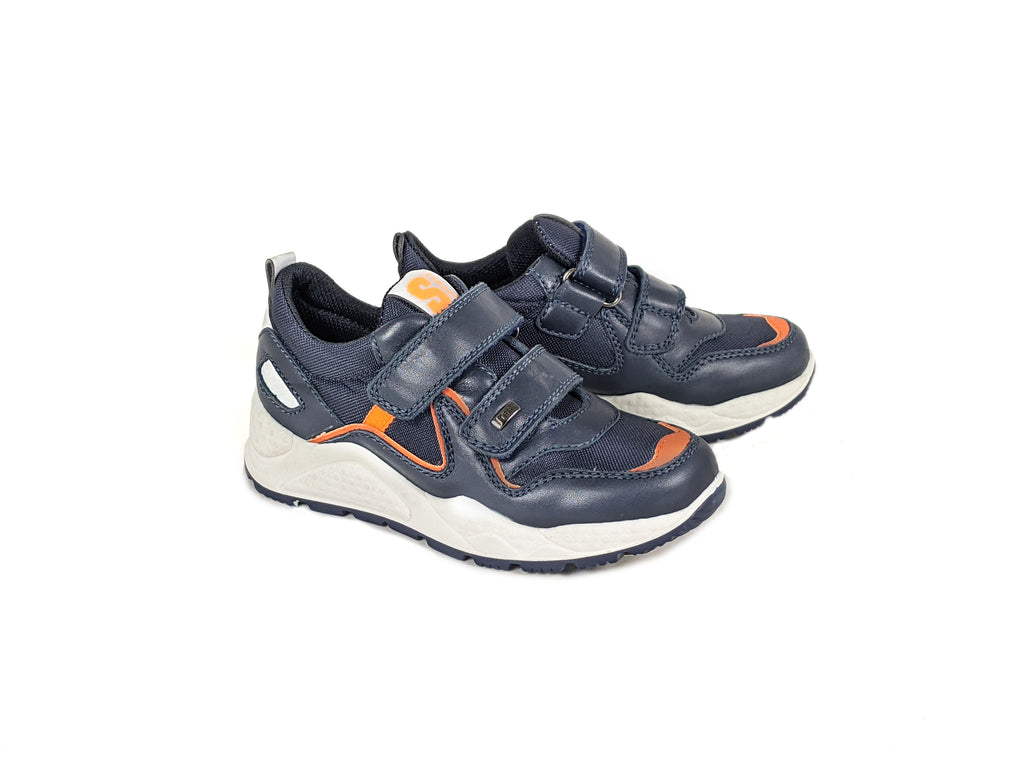 Pair view of boys navy and orange trainer