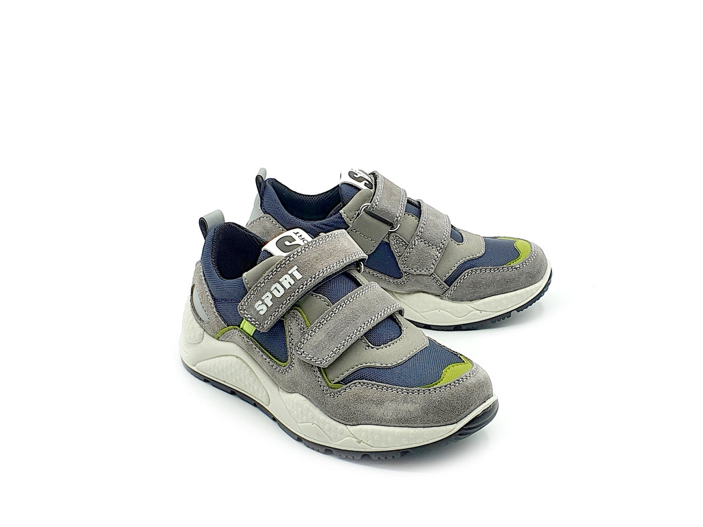 Pair view of boys navy grey and green trainer