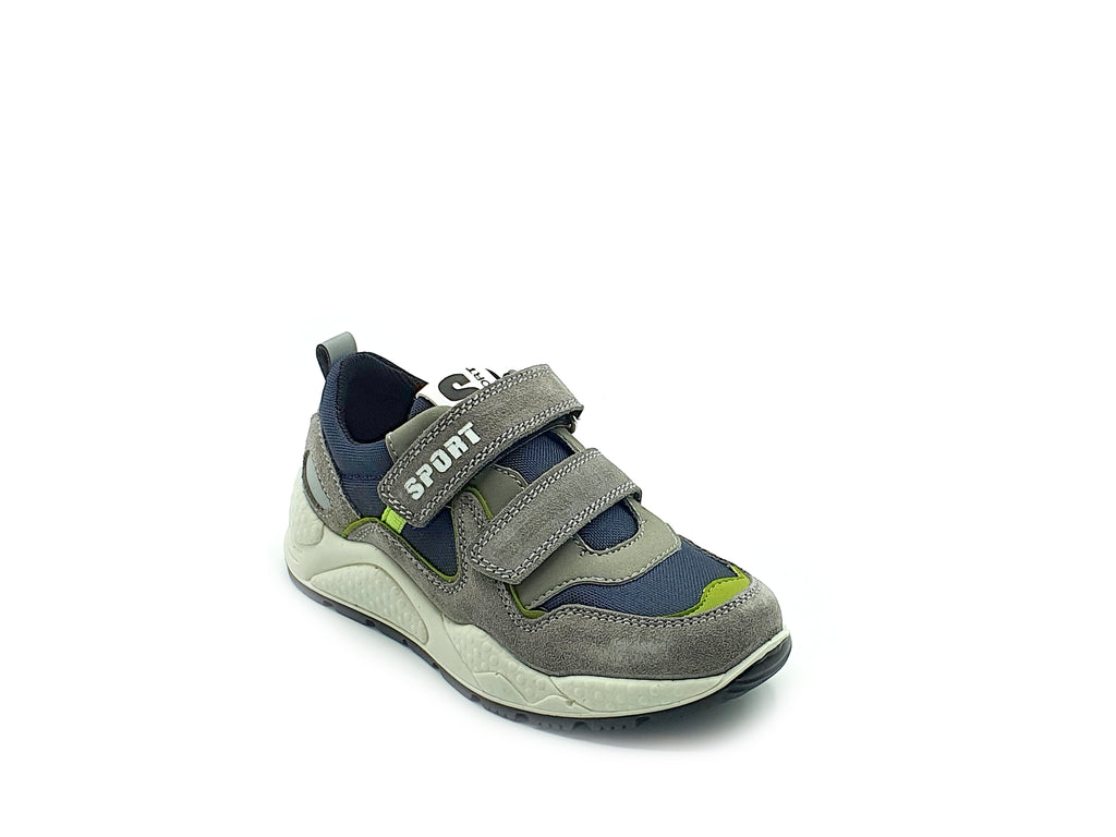 Front view of boys navy grey and green trainer