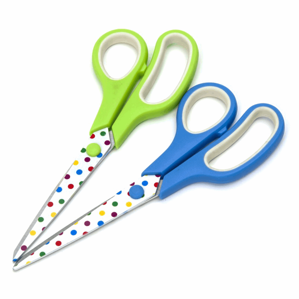 21cm softgrip scissors. Polka dot pattern on stainless steel blades.
