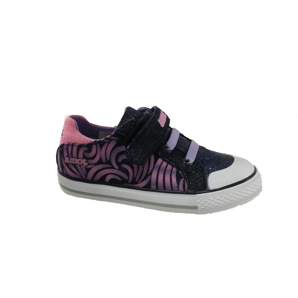 Sparkly navy canvas shoe with pink and purple details. Features velcro closure and bungee laces.