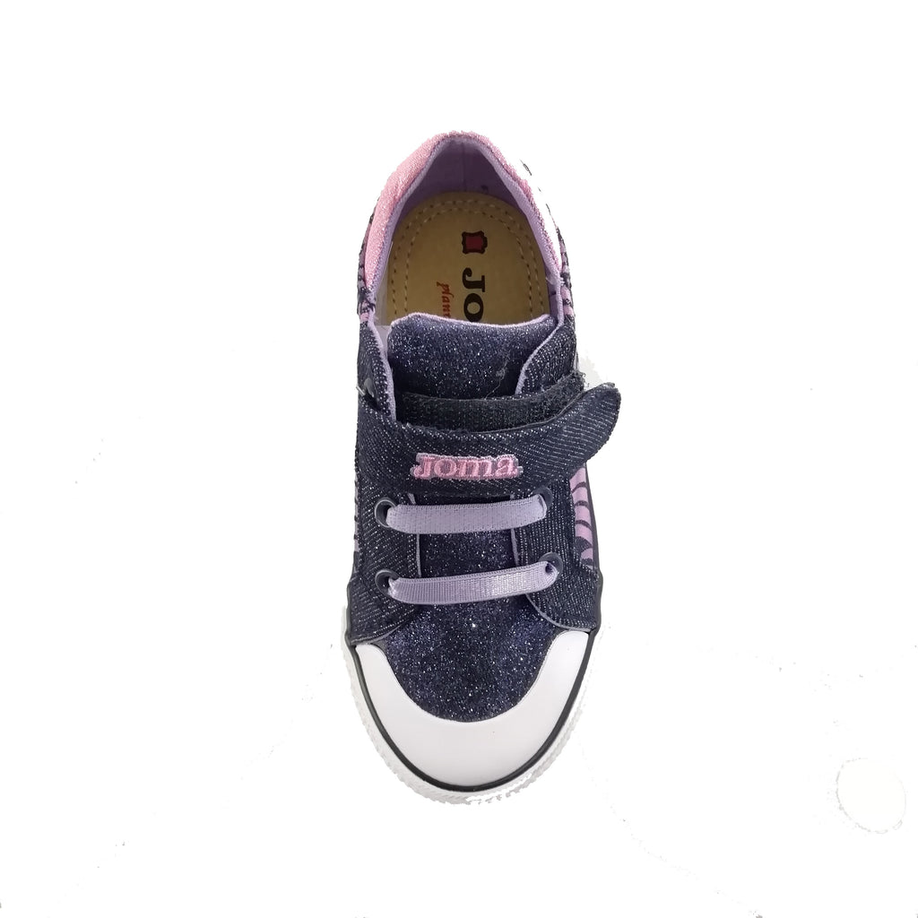 Sparkly navy canvas shoe with pink and purple details. Features velcro closure and bungee laces.
