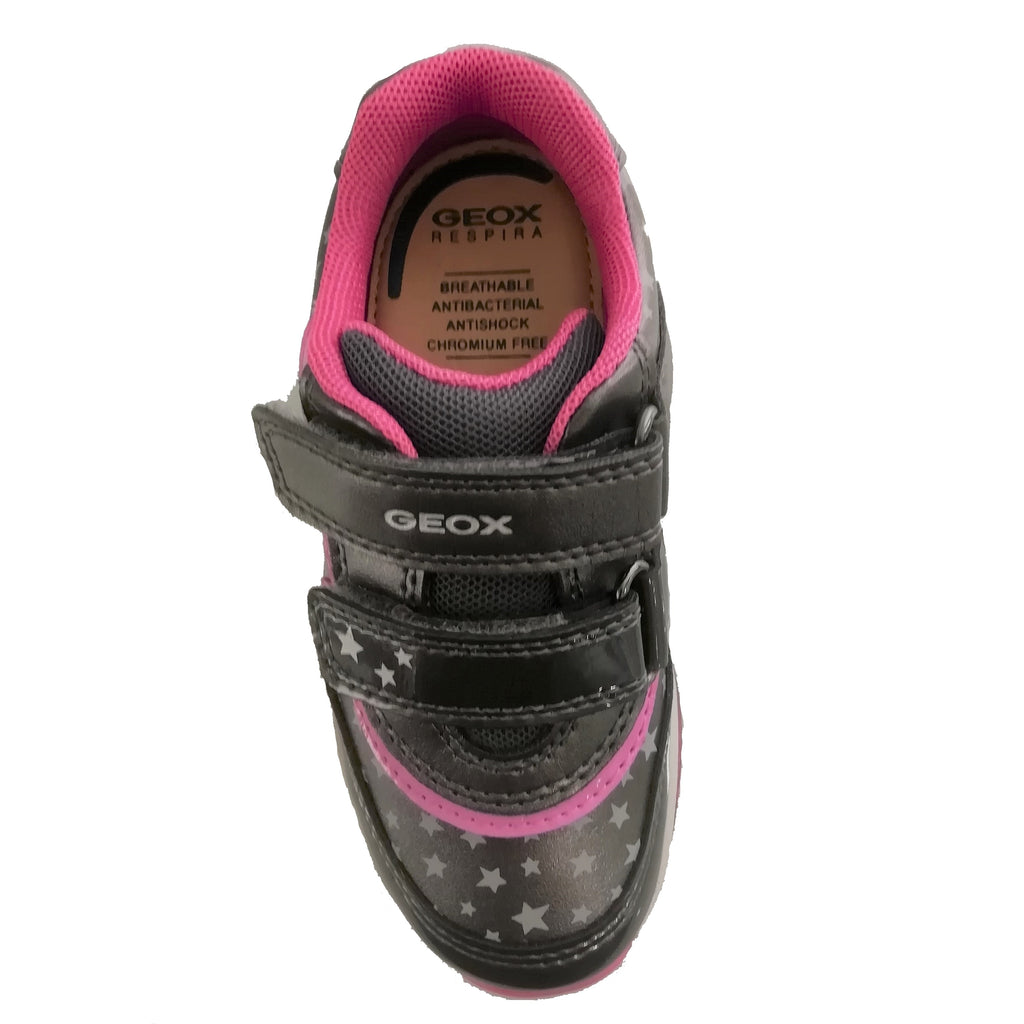 Grey trainer from Geox with a cute star pattern and pink detailing with 2 velcro straps