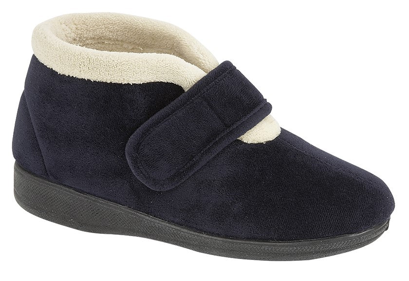 Navy Raised Ladies Velcro Slippers with a Fur Trim