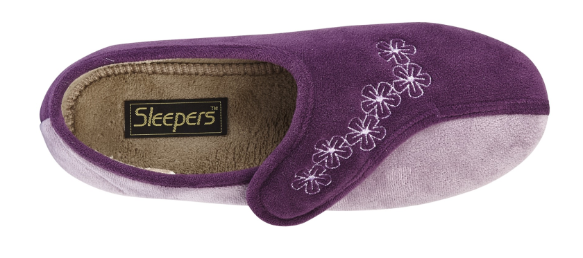 Purple and Lilac Ladies Slippers with Embroidered Detail and Velcro Strap
