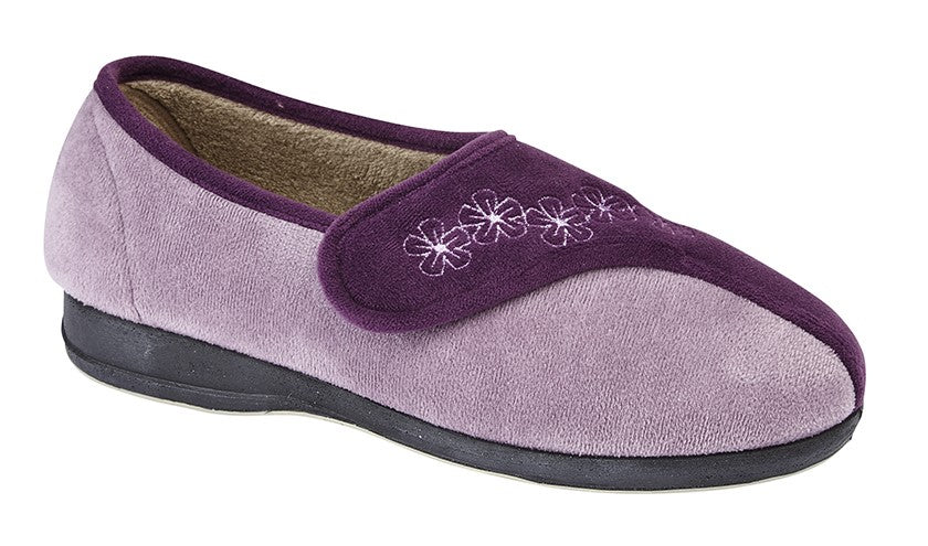 Purple and Lilac Ladies Slippers with Embroidered Detail and Velcro Strap