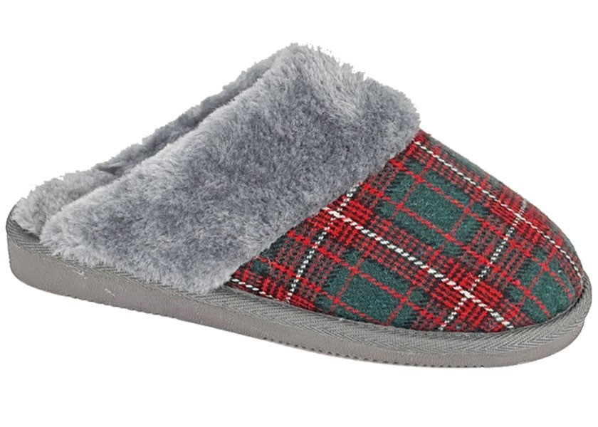 red and green plaid open back slippers with grey trim and sole