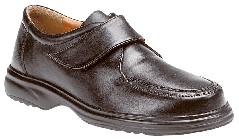 Black Leather Men's Wide Fitting Shoes with Velcro Strap From Roamers