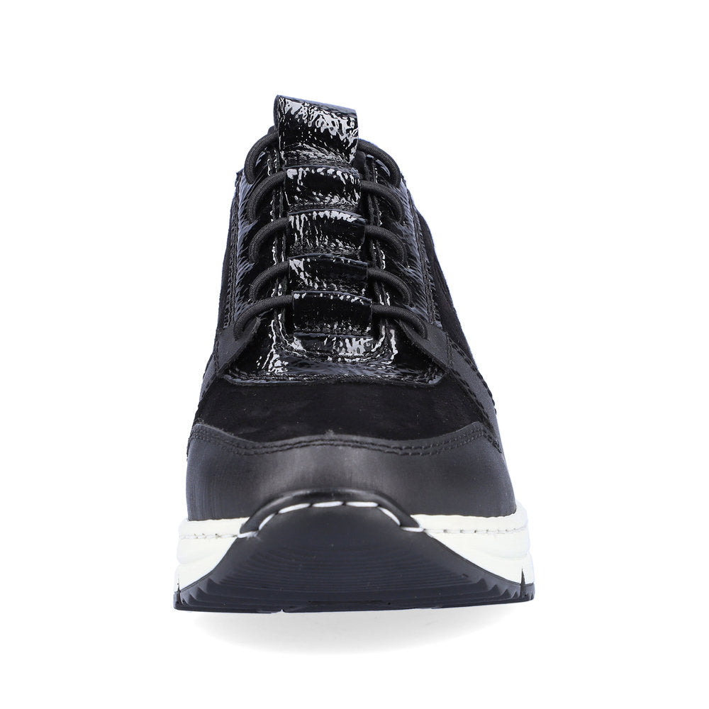 Toe View of Rieker Black Trainer with Reflective Details