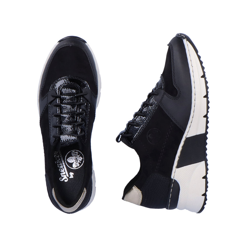 Top and Side View of Rieker Black Trainer with Reflective Details