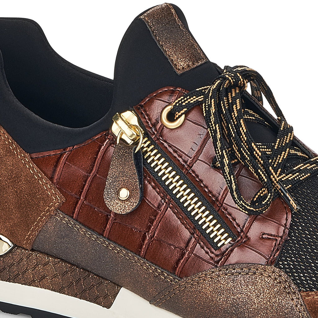 Remonte Brown Combination Sneaker with Laces and Decorative Zip Detail