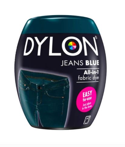 Dylon Jeans Blue fabric dye on a black cirular container with a blue cap and picture of blue jeans