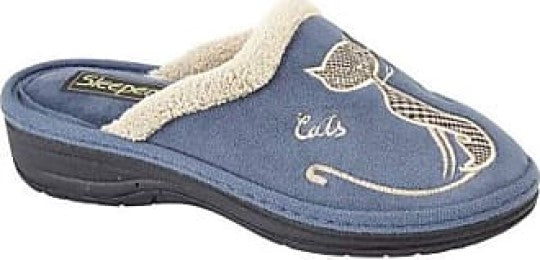 Blue Mule Slippers with Cream Trim and Cat Design