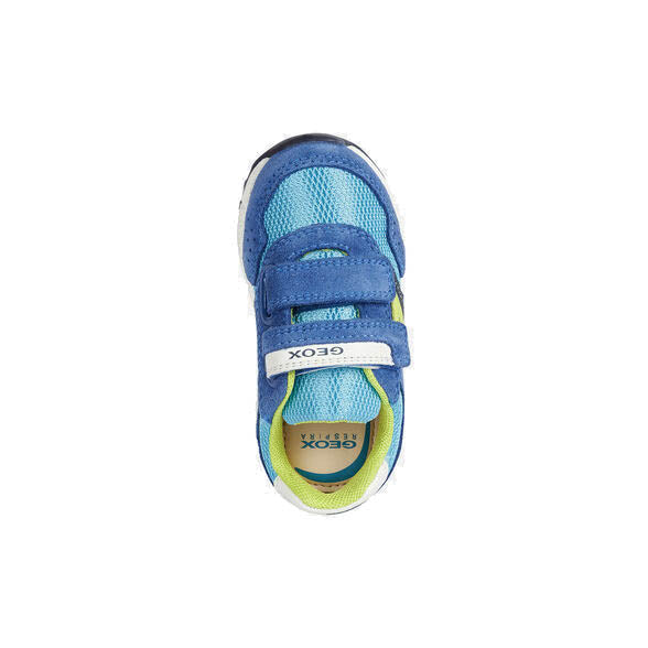 Boy's blue Geox runners with faux suede and mesh panels, and a bright yellow Geox logo