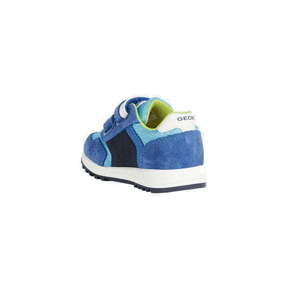 Boy's blue Geox runners with faux suede and mesh panels, and a bright yellow Geox logo