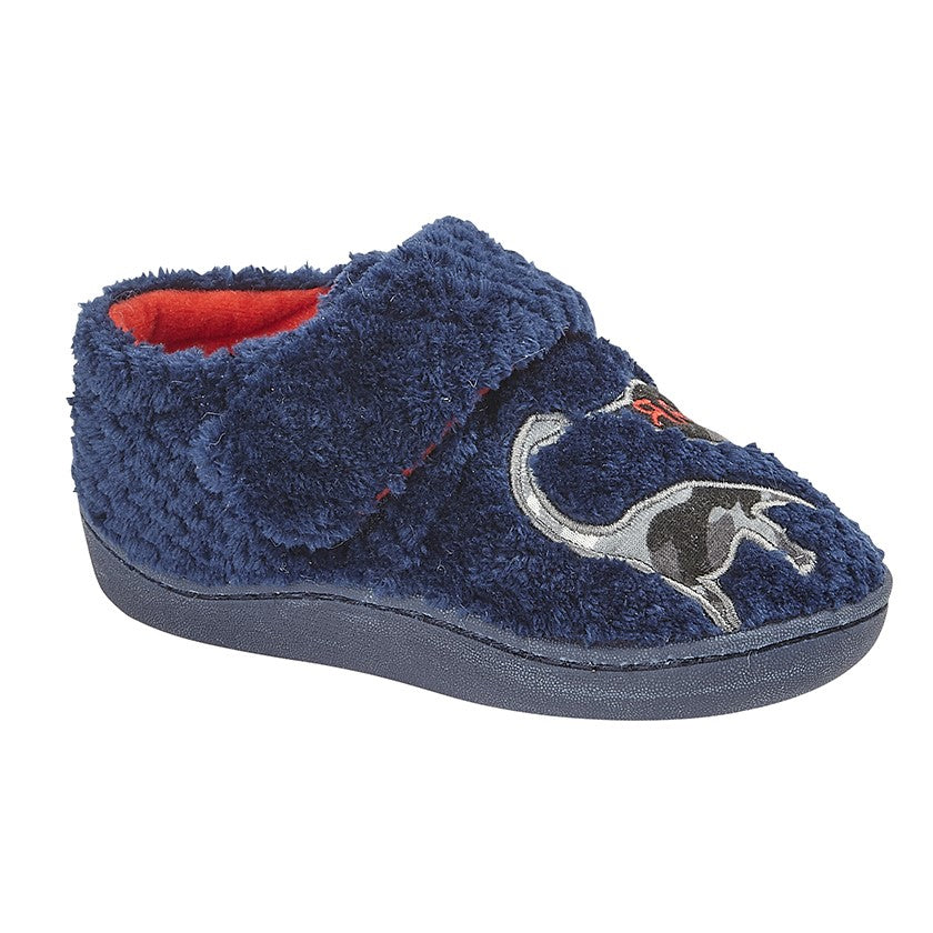 navy blue fluffy slippers with dinosaur and velcro strap