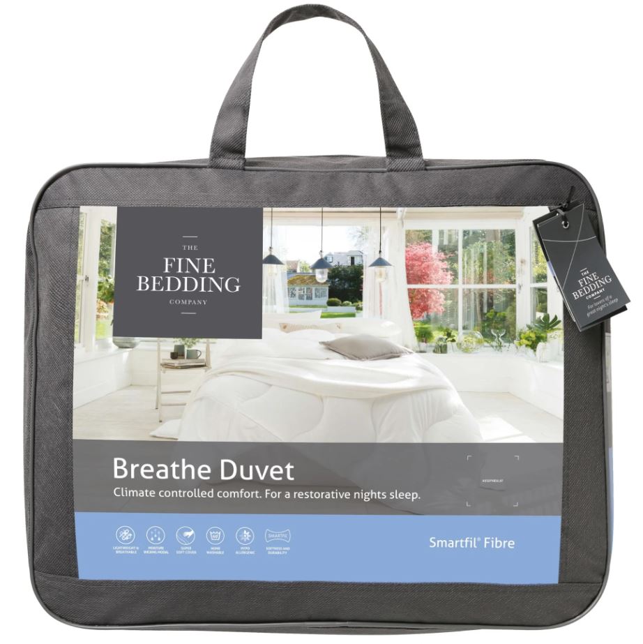 Grey rectangular bag with handle, displaying a picture of a bed with a white duvet in a bright room. Reads The Fine Bedding Company, Breathe Duvet, Climate controlled comfort for a restorative nights sleep
