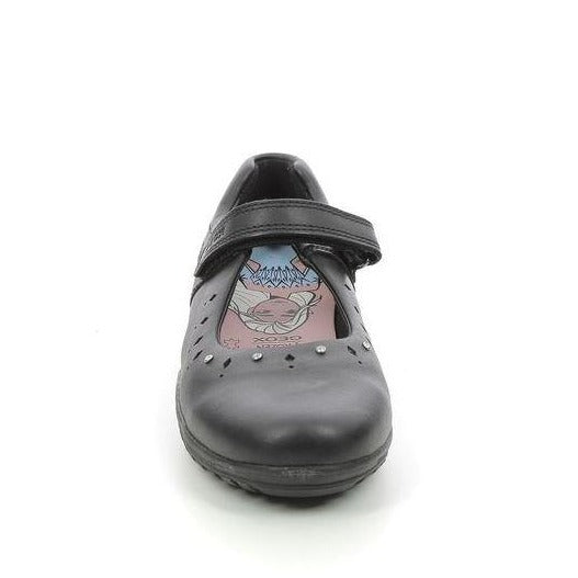 front view of girl's black leather school shoes in a pump style wih a velcro strap across the foot, cushioned ankle support, Elsa black embroidery at the heel and cut out and diamonte detailing