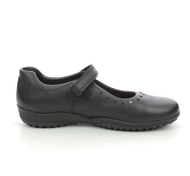 girl's black leather school shoes in a pump style wih a velcro strap across the foot, cushioned ankle support, and cut out and diamonte detailing
