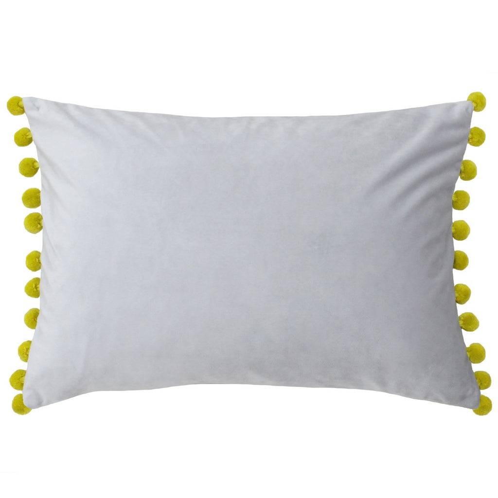Rectangular cushion in a soft silver grey with yellow pom pom trim.