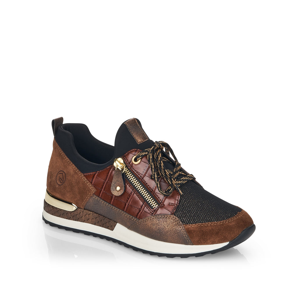 Remonte Brown Combination Sneaker with Laces and Decorative Zip Detail