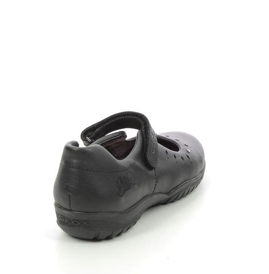 back view of girl's black leather school shoes in a pump style wih a velcro strap across the foot, cushioned ankle support, Elsa black embroidery at the heel and cut out and diamonte detailing