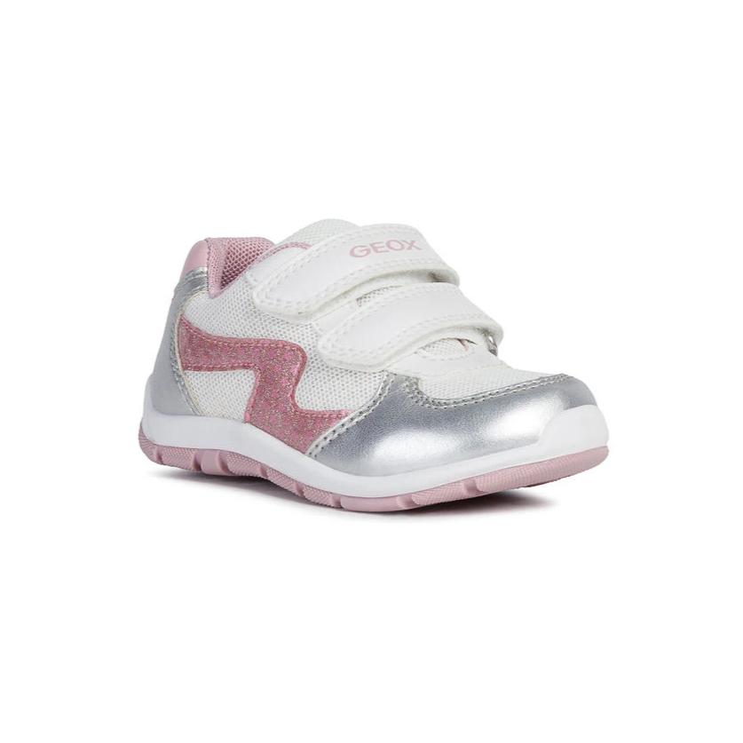 Girl's white runner from Geox with pink and silver accents and double velcro strap.