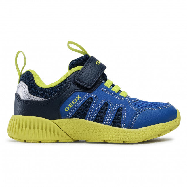 Boy's Geox runners with panels of light blue and navy blue, with bright yellow details and bungee lace. Features velcro ankle strap.