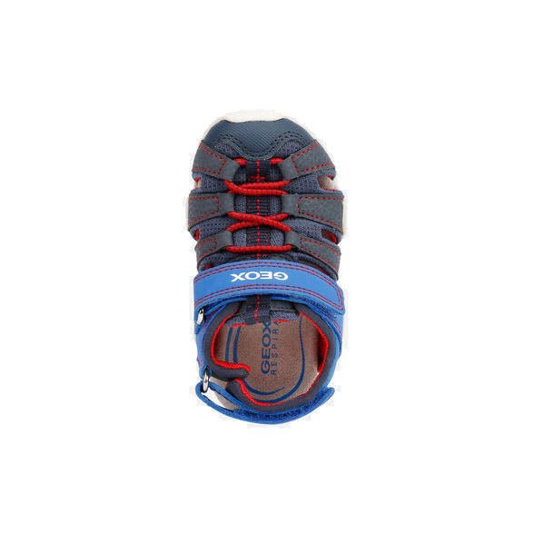 Geox sandals in navy & blue, with velcro straps around the ankles and a red bungee lace