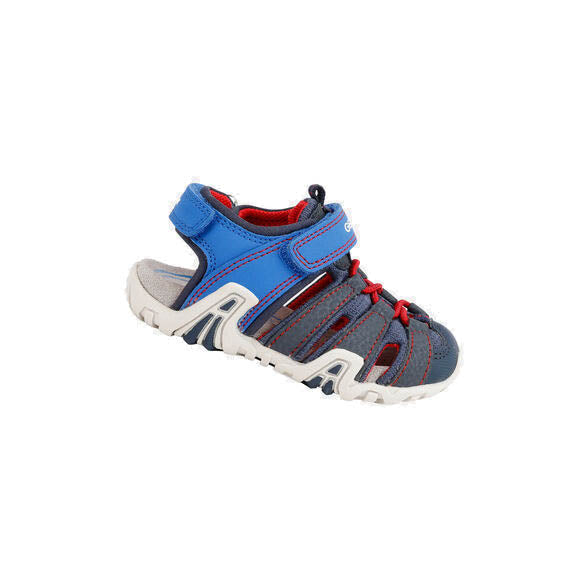 Geox sandals in navy & blue, with velcro straps around the ankles and a red bungee lace