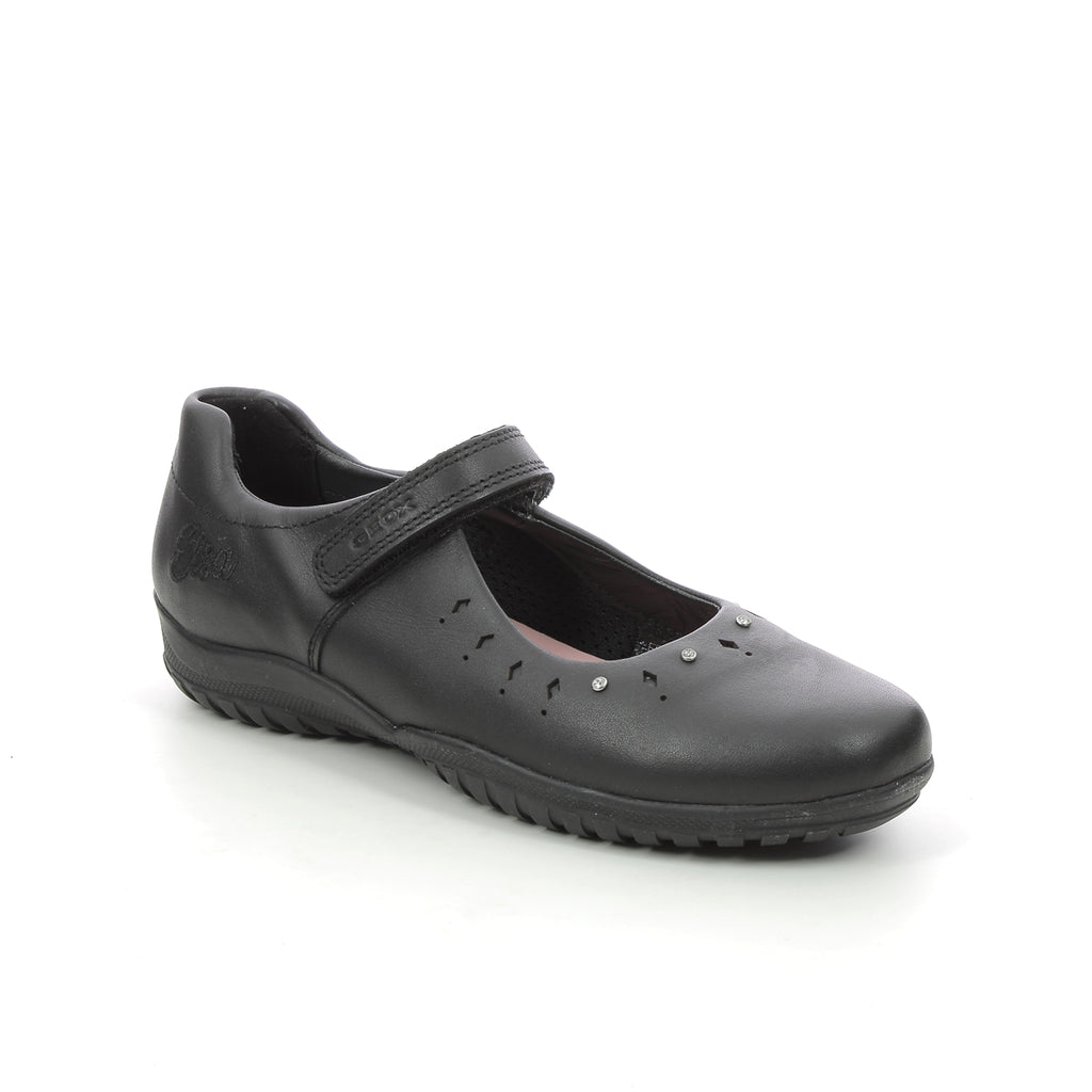 girl's black leather school shoes in a pump style wih a velcro strap across the foot, cushioned ankle support, Elsa black embroidery at the heel and cut out and diamonte detailing