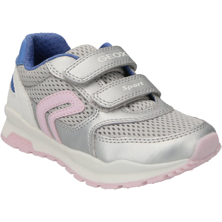 Girls's grey light-up Geox trainers with pink and blue details, and 2 velcro straps