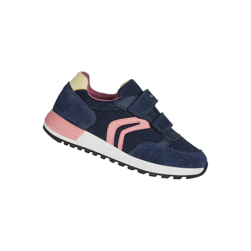 Girl's navy suede and mesh trainers with pastel pink and yellow details, and 2 velcro straps