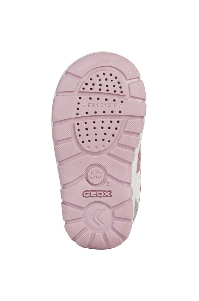 Girl's white runner from Geox with pink and silver accents and double velcro strap.