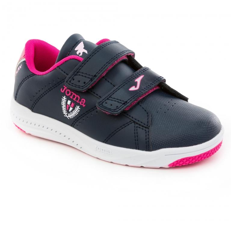 Navy leather runner shoe from Joma with neon pink detailing and two velcro straps