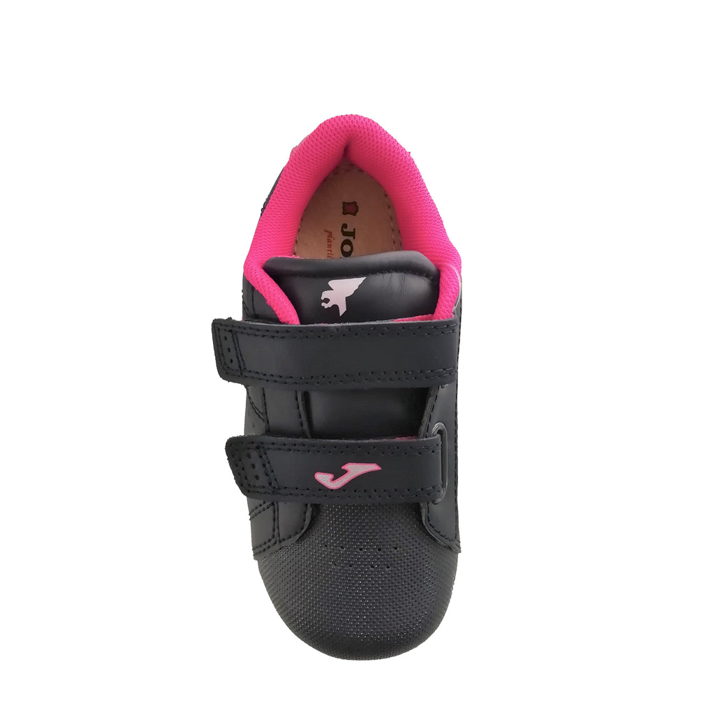 Navy leather runner shoe from Joma with neon pink detailing and two velcro straps